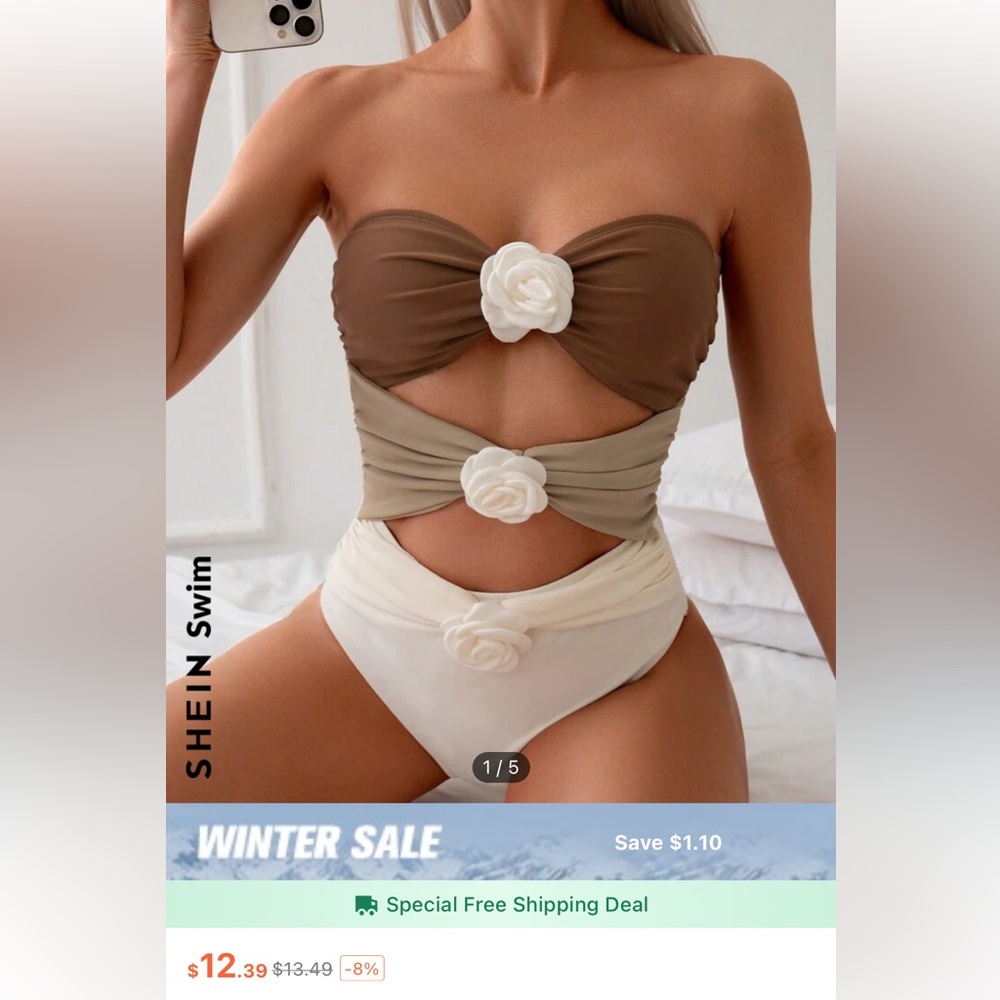 SHEIN Swim Brown and White Cutout Swimsuit NWOT